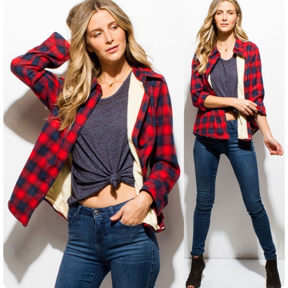 Red Sherpa Lined Flannel Plaid Shirt Jacket Top - Picture 6 of 8
